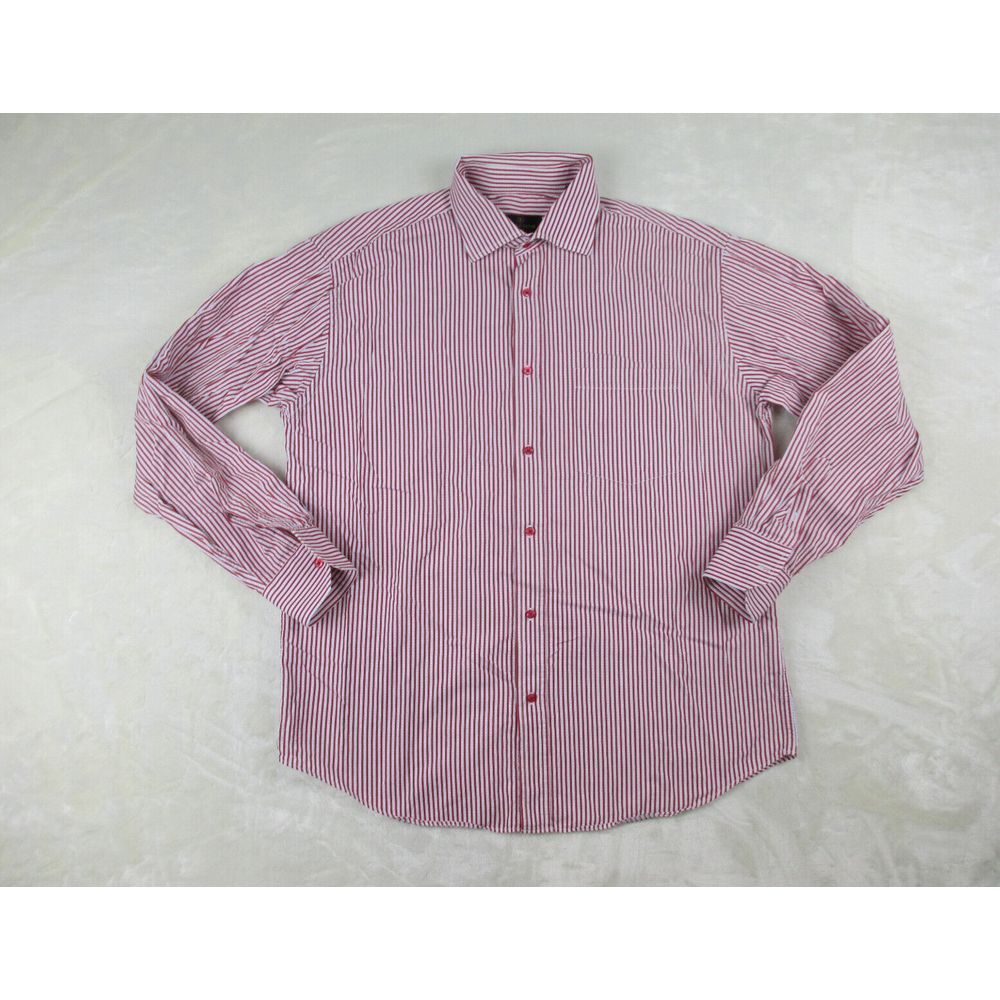 Bugatchi Shirt Mens Large Red Button Up Striped Cotton Long Sleeve Casual